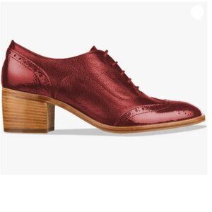 FOWT Red Perforated Lace-Up Oxfords Almond Toe Chunky Heel Brogues Saddle Shoes